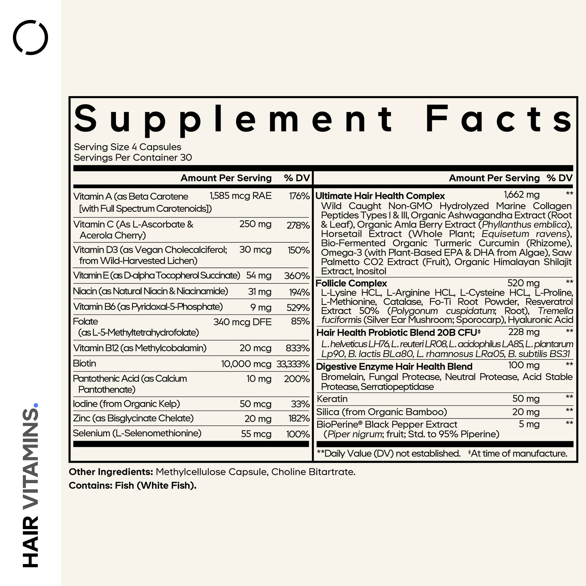 A supplement facts label lists ingredients and nutritional information for hair vitamins, highlighting vitamins, minerals, and proprietary blends for hair health in a clear, organized format.