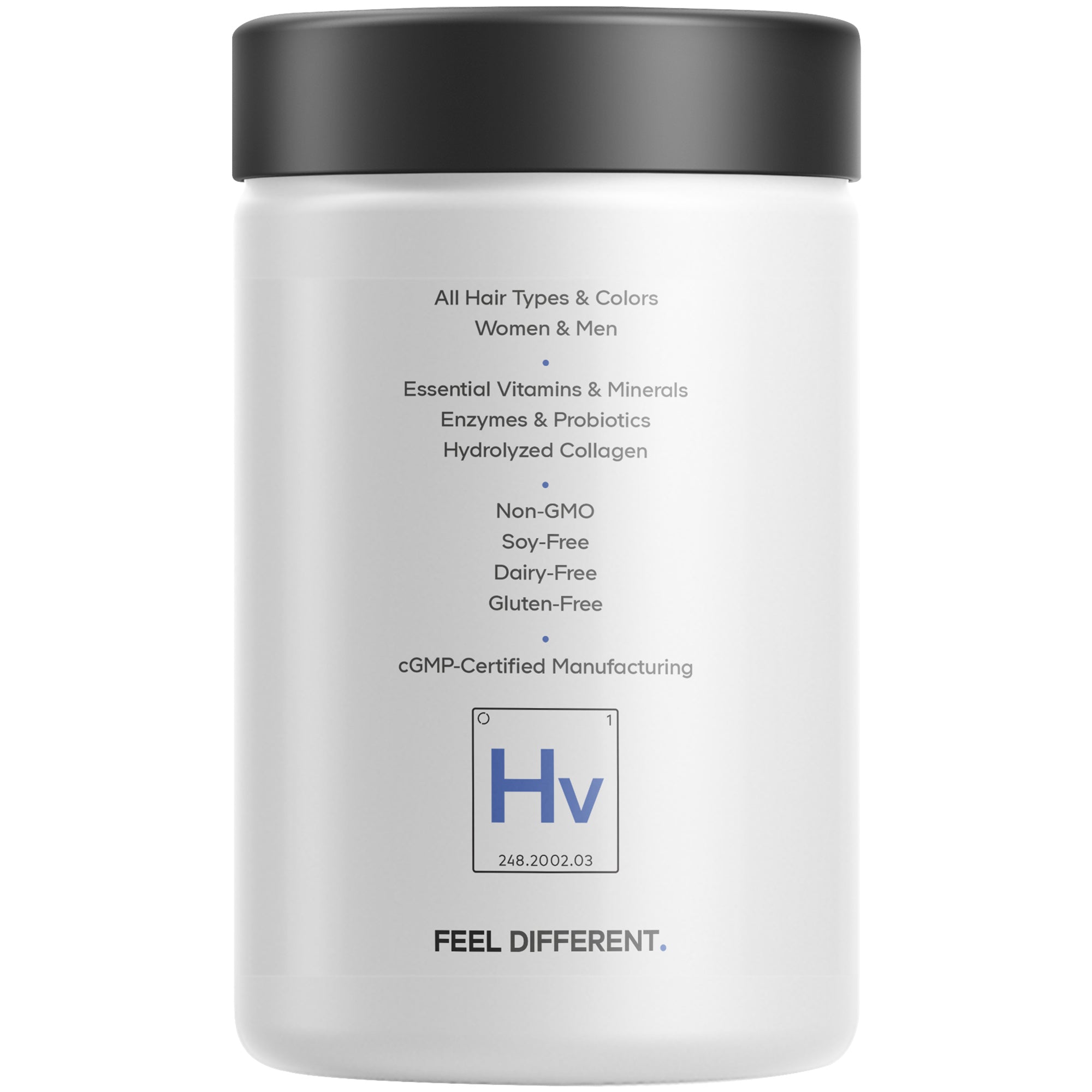 A white container labeled for a hair supplement, featuring details about its suitability for all hair types, essential ingredients, and certifications, set against a plain background.