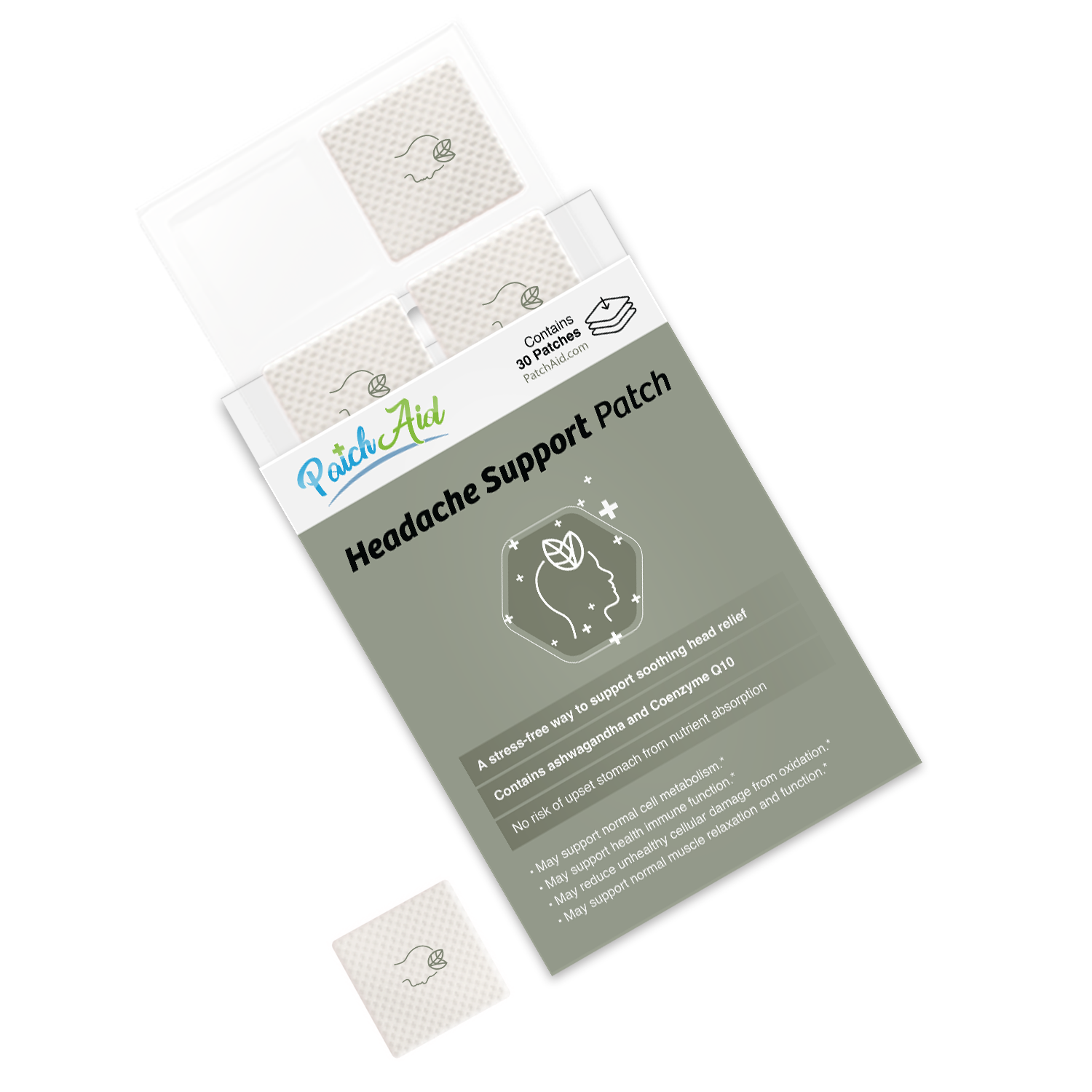 A package of PatchAid Headache Support Patches, featuring a green label with text about the product's benefits, contains three individual patches displayed in a clear compartment.