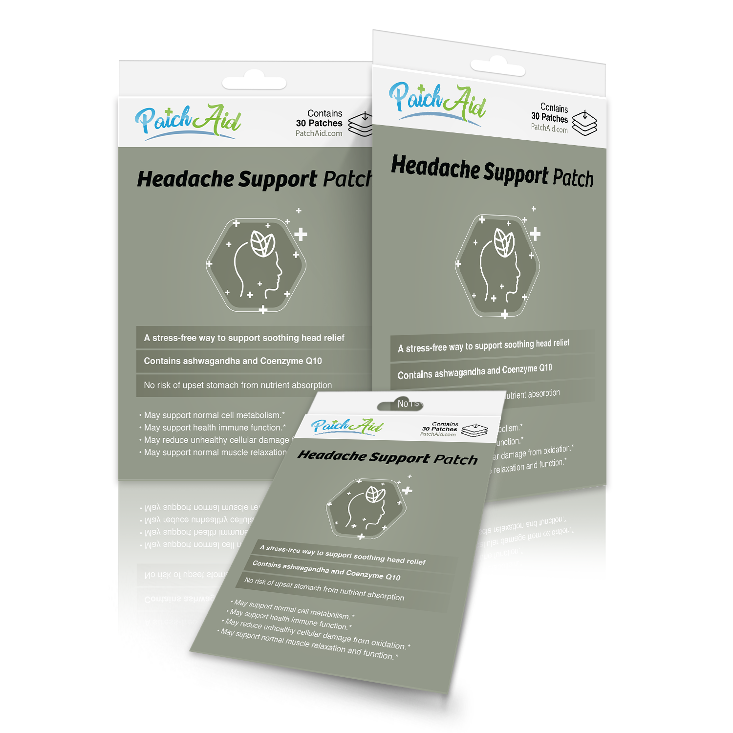 Three packages of PatchAid Headache Support Patches are displayed, featuring a green background, illustrations of leaves, and text highlighting benefits like stress-free headache relief and key ingredients.