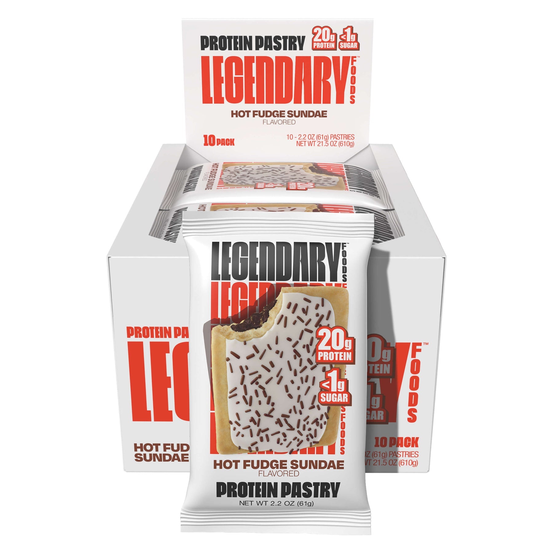 A box of Legendary Foods protein pastries in Hot Fudge Sundae flavor, featuring a pastry with white icing and chocolate filling, highlighting 20 grams of protein and 1 gram of sugar per serving.
