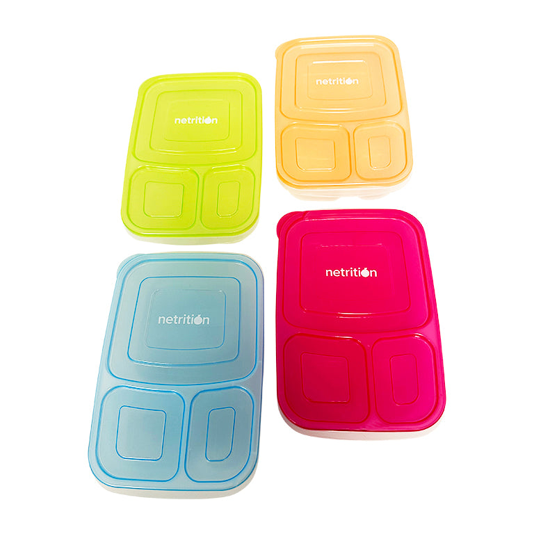 Reusable 3-Compartment Food Containers & Bento Lunch Boxes for School, Work, and Travel by Netrition (Set of 4) - High-quality Lunch Box by Netrition at BariatricPal Store