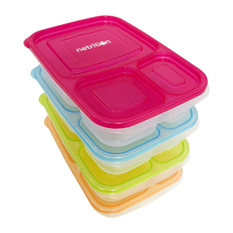 Reusable 3-Compartment Food Containers & Bento Lunch Boxes for School, Work, and Travel by Netrition (Set of 4) - High-quality Lunch Box by Netrition at BariatricPal Store