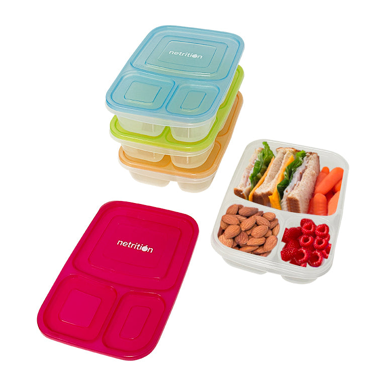 Reusable 3-Compartment Food Containers & Bento Lunch Boxes for School, Work, and Travel by Netrition (Set of 4) - High-quality Lunch Box by Netrition at BariatricPal Store
