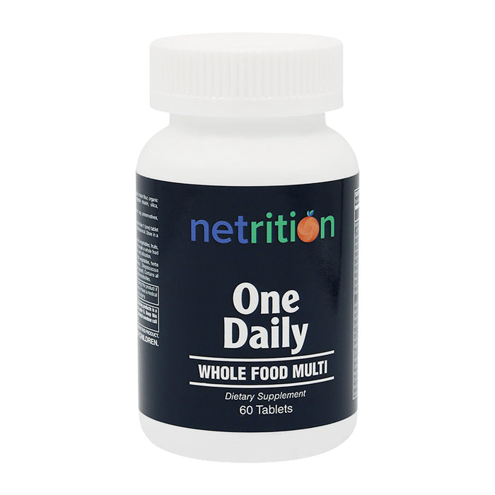 A white bottle labeled "One Daily Whole Food Multi" contains 60 tablets, with the brand name "netrition" in colorful letters, suggesting it's a dietary supplement for daily nutrition.