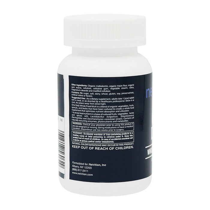 A white supplement bottle with a screw-on lid displays a detailed ingredient list and usage instructions on the back, emphasizing safety warnings and storage guidelines.