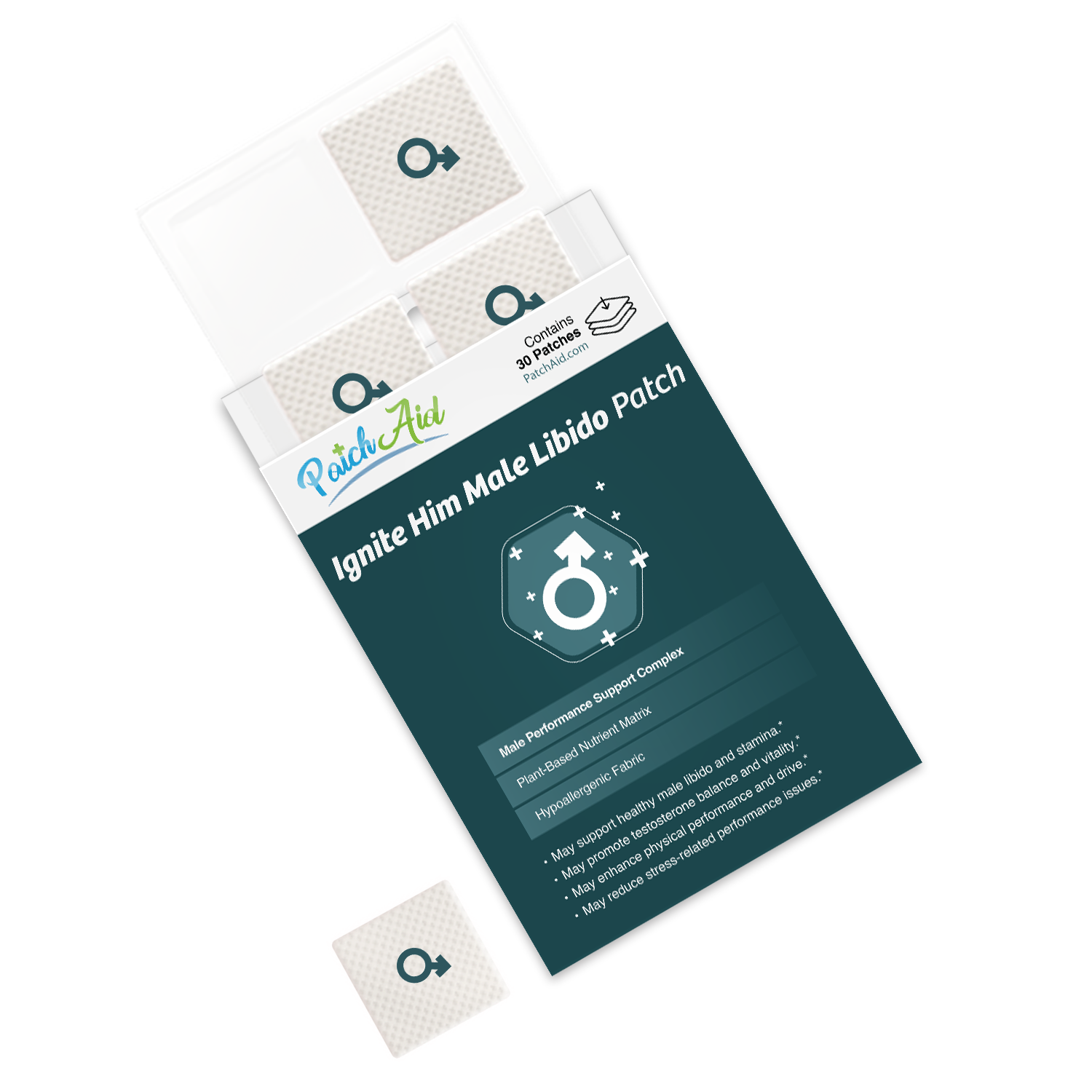 A package of "Ignite Him Male Libido Patch" contains multiple patches, featuring a male gender symbol, with details about its benefits and ingredients prominently displayed on a dark background.