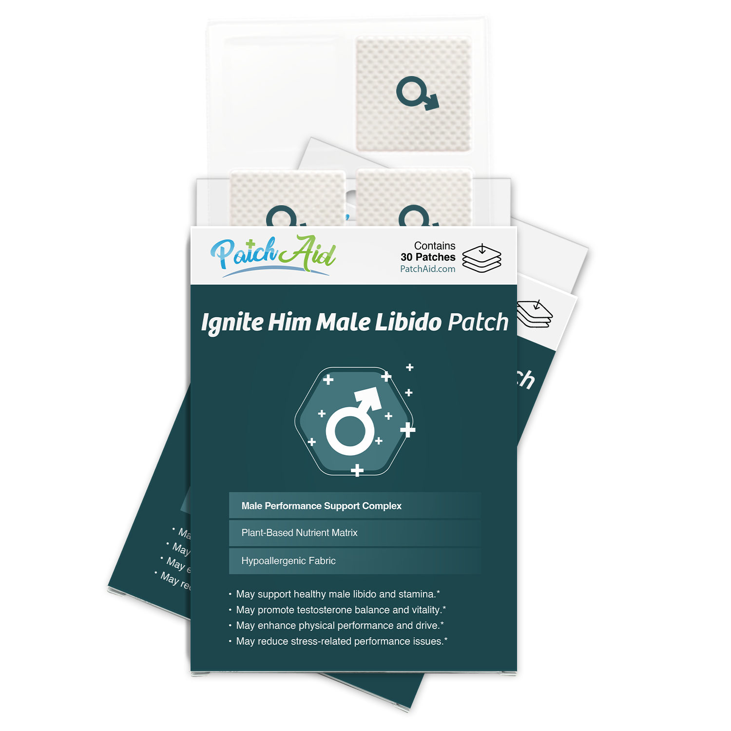 A product box for "Ignite Him Male Libido Patch" displays the brand name and product details, featuring a graphic of a male symbol, with multiple patches visible in a clear plastic tray.