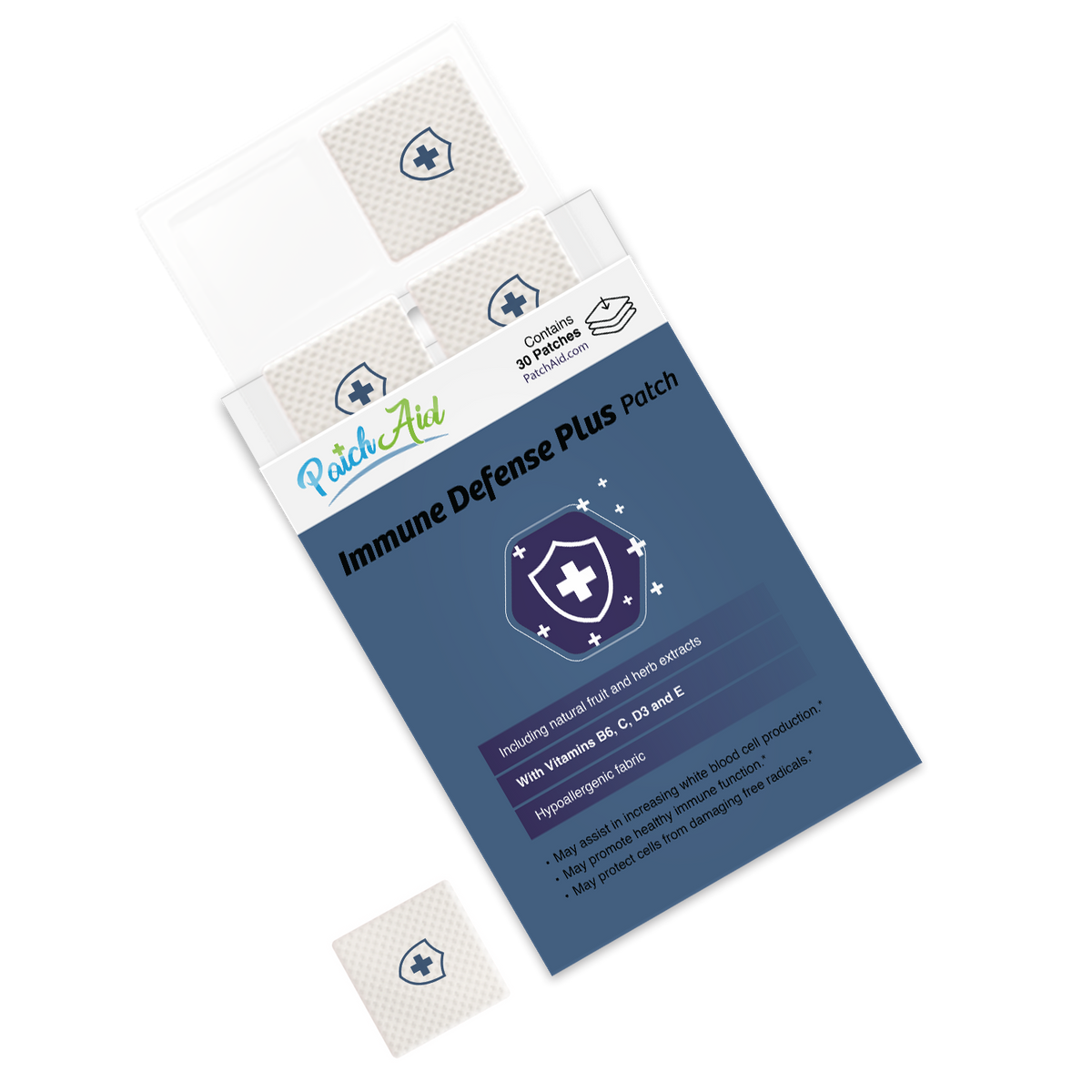 A box of PatchAid Immune Defense Plus patches is displayed, showing the packaging and one patch, highlighting its natural ingredients and benefits for immune support.