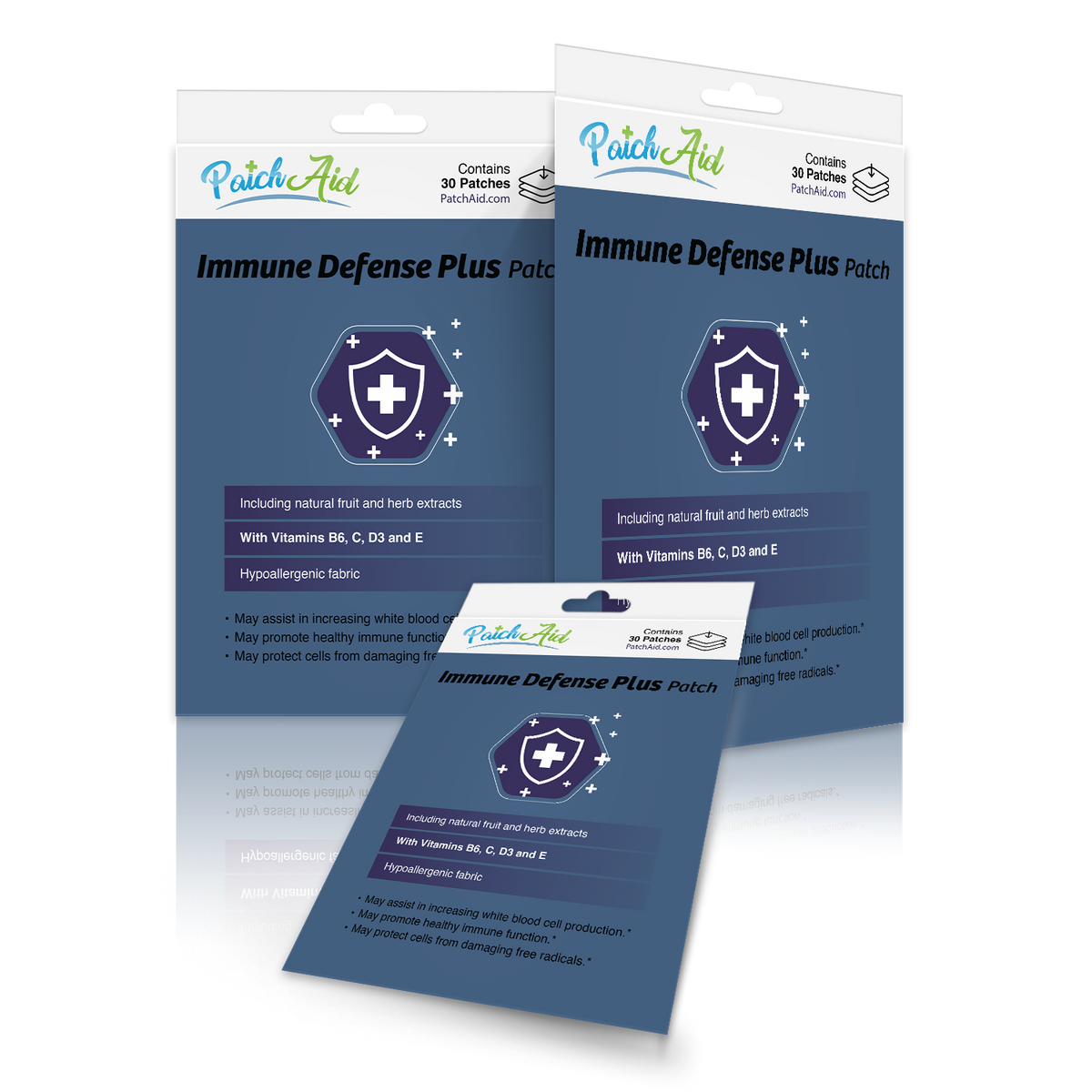 Three packages of "Immune Defense Plus Patch" are displayed, featuring a shield icon and text highlighting natural ingredients and vitamins, emphasizing immune support and hypoallergenic fabric.