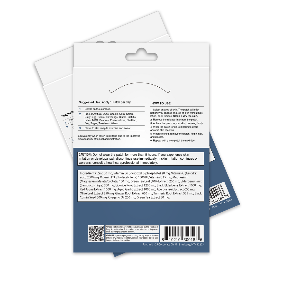 The image shows the back of a product packaging for a patch, detailing usage instructions, ingredients, and cautionary advice, with a blue background and white text.