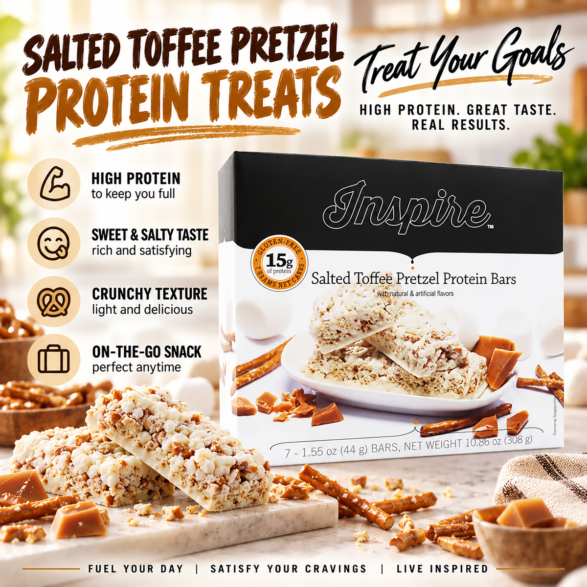 Inspire Salted Toffee Pretzel Protein Bars by Bariatric Eating with 15 grams of protein