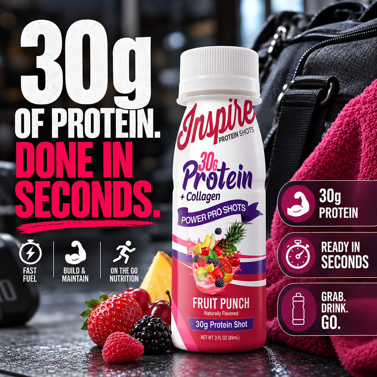 Inspire Fruit Punch + Collagen Power Shot with 30 grams of protein in a 3-fluid-ounce bottle.