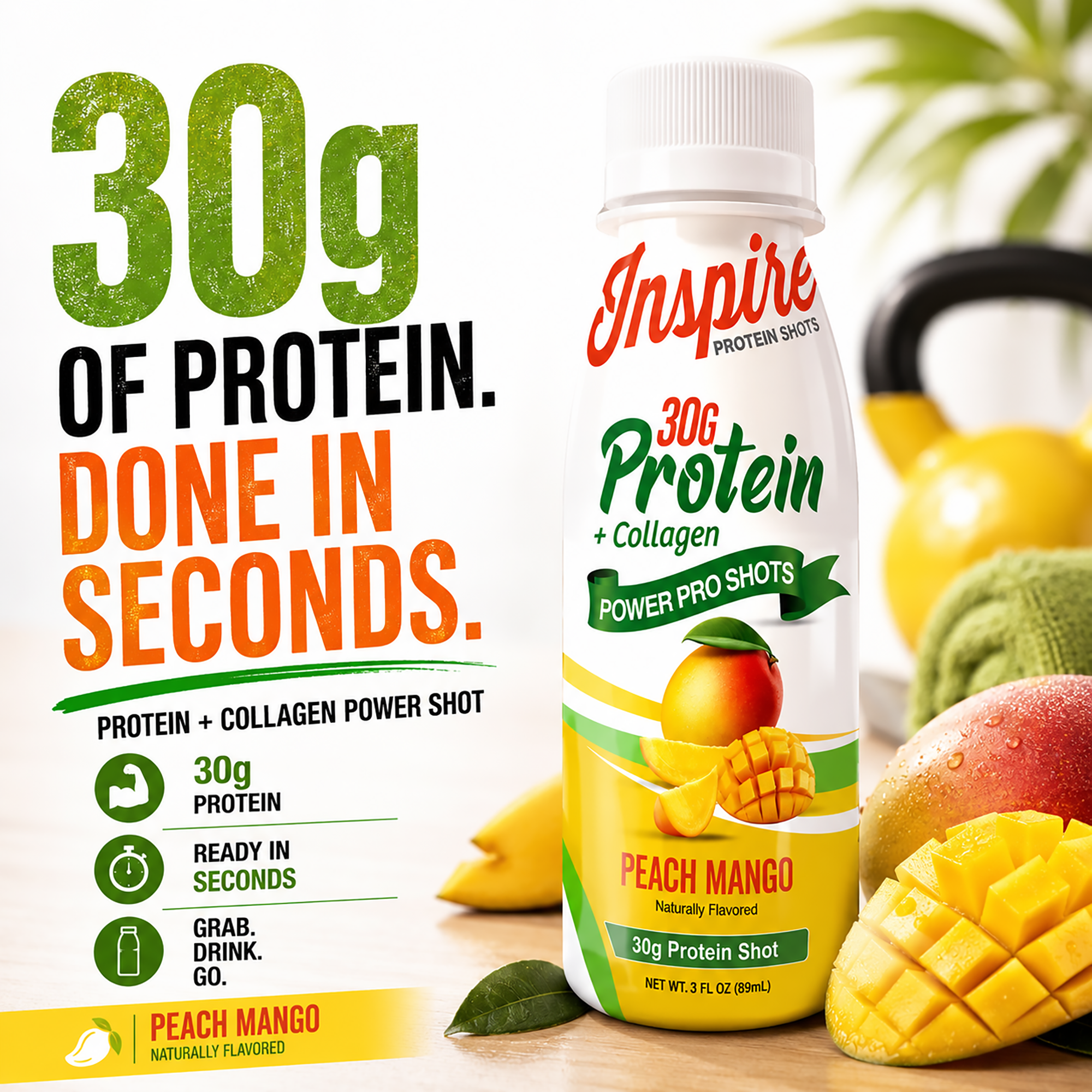 Inspire + Collagen Protein Shot with 30grams of protein in a 3-fluid-ounce bottle.