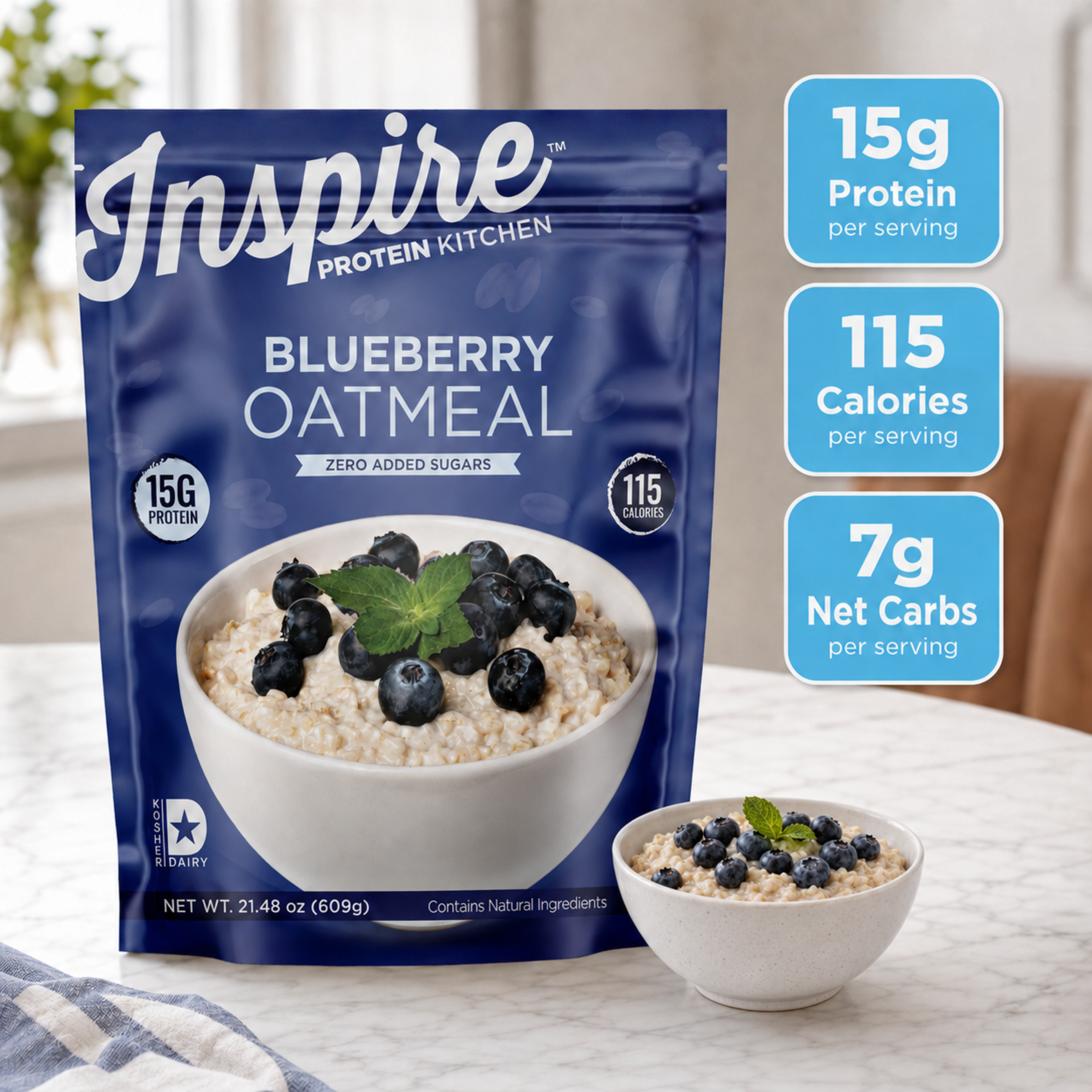 Inspire Blueberry Protein Oatmeal with 15 grams of protein, real instant oats, zero added sugar and 115 calories per serving. Ready in minutes.
