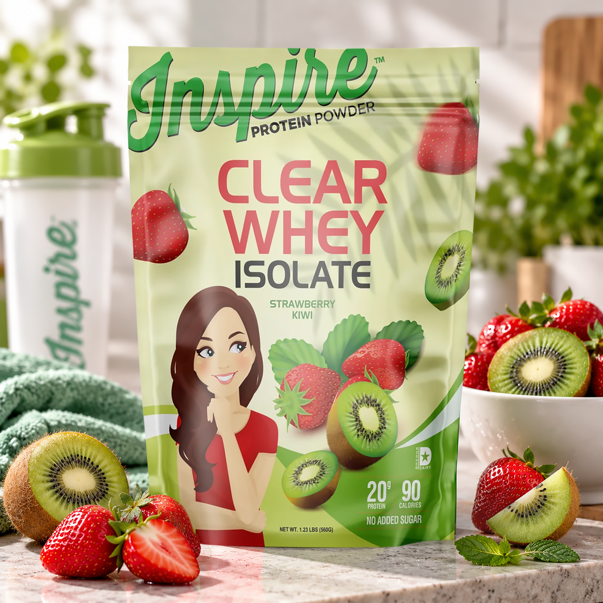 Inspire Strawberry Kiwi Clear Whey Isolate Protein Powder with 20 grams of protein, 90 calories and no added sugar per serving.