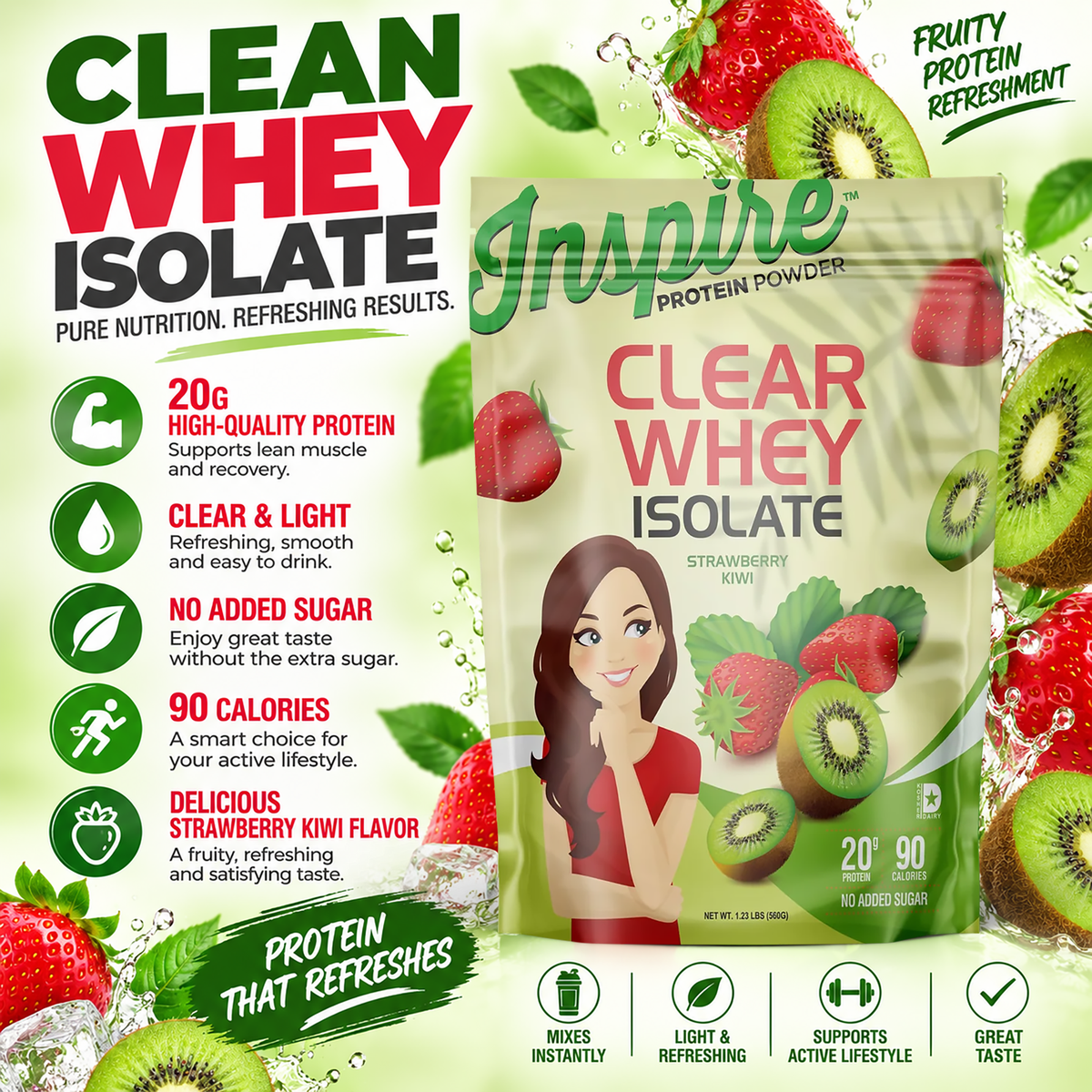 Inspire Strawberry Kiwi Clear Whey Isolate Protein Powder with 20 grams of protein, 90 calories and no added sugar per serving.