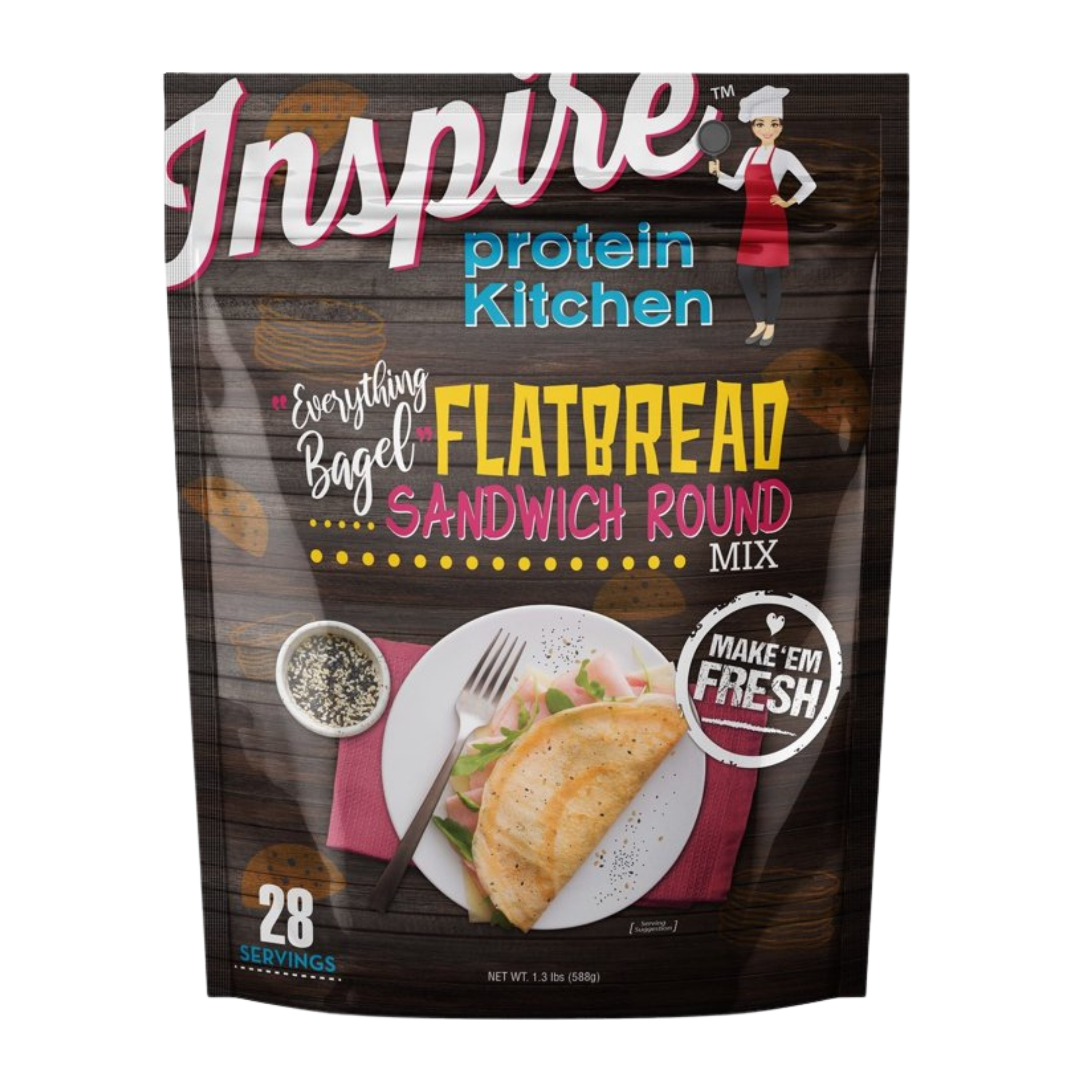 Inspire Protein Kitchen Everything Bagel Flatbread Sandwich Round Mix, makes 28 servings.