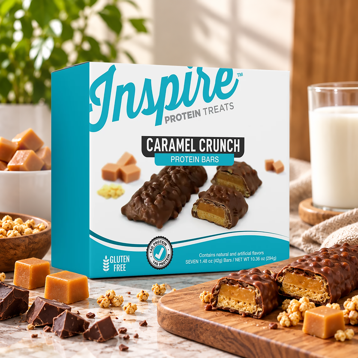 Inspire Protein Treats Caramel Crunch Protein Bars with 14 grams of protein per gluten-free bar. Contains seven chocolate-covered bars.
