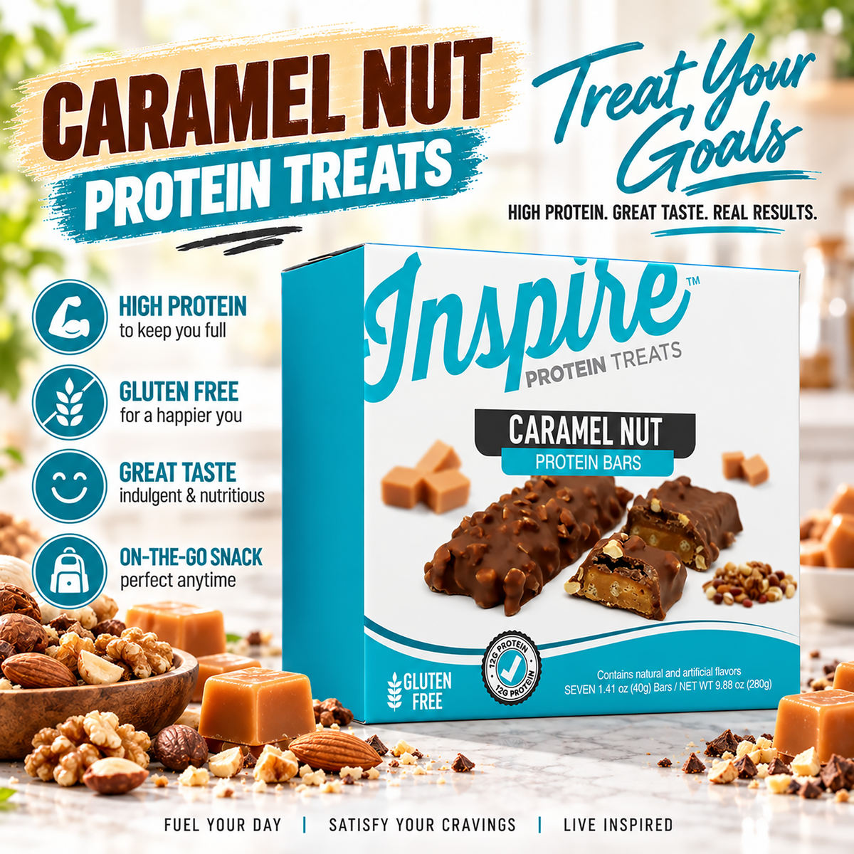 Inspire Caramel Nut Protein Bar with 12 grams of protein.