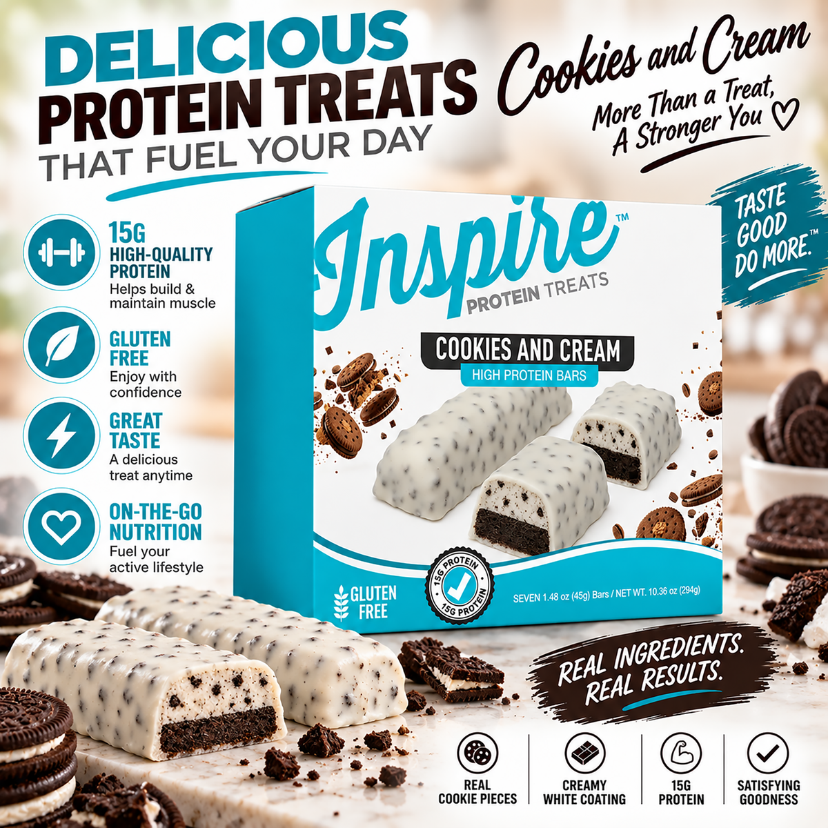 Inspire Protein Treats Cookies & Cream Protein Bars with 15 grams of protein per gluten-free bar. Contains seven chocolate-covered bars.