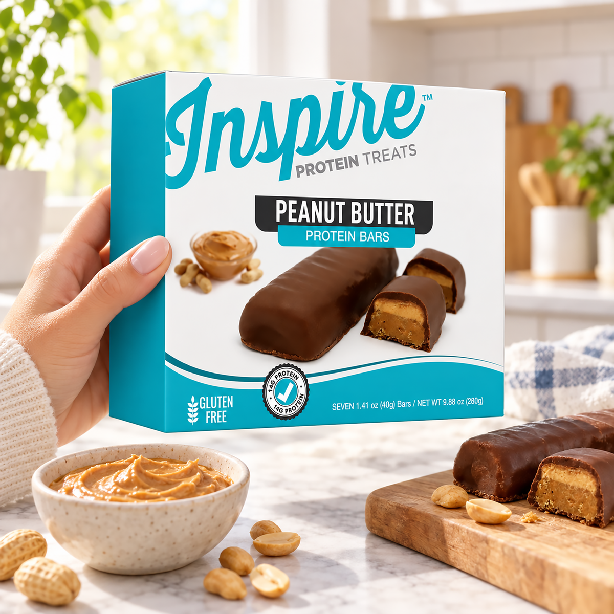 Inspire Protein Treats Peanut Butter Protein Bars with 14 grams of protein per gluten-free bar. Contains seven chocolate-covered bars.