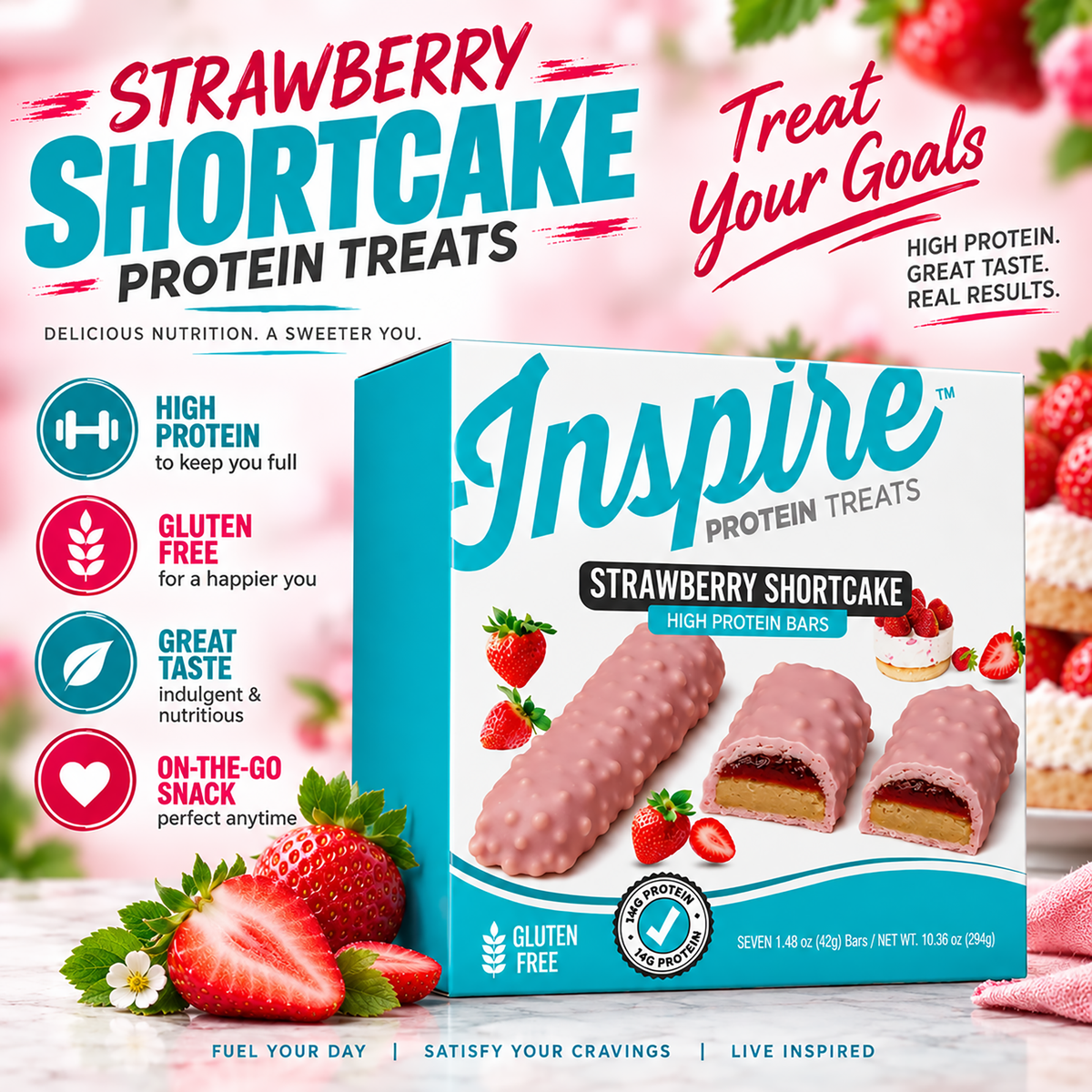 Inspire Protein Treats Strawberry Shortcake Protein Bars with 14 grams of protein per gluten-free bar. Contains seven chocolate-covered bars.