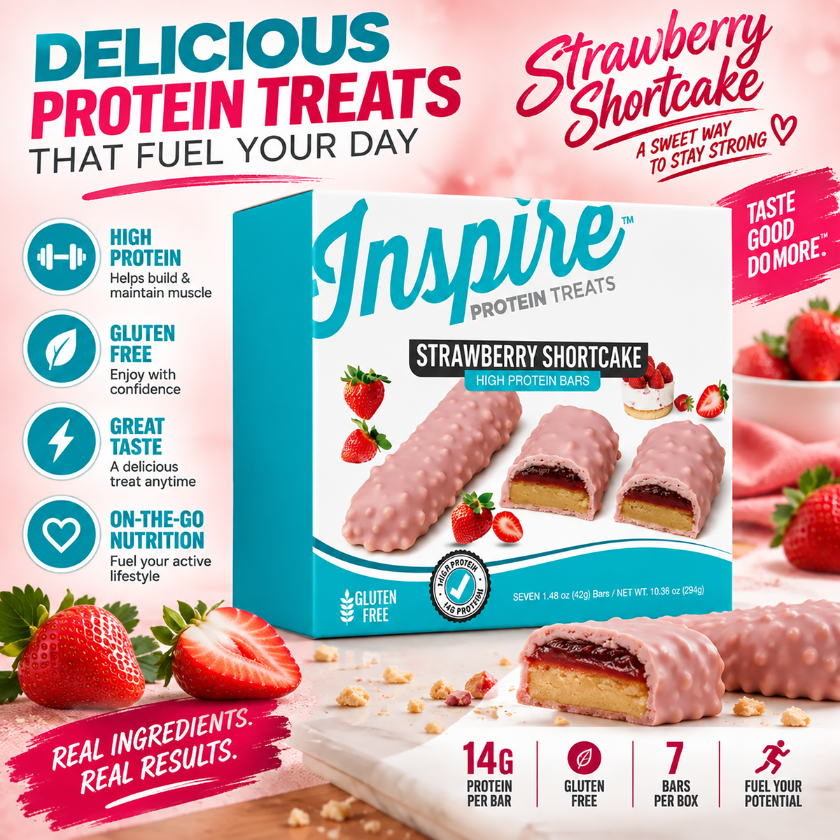 Inspire Protein Treats Strawberry Shortcake Protein Bars with 14 grams of protein per gluten-free bar. Contains seven chocolate-covered bars.