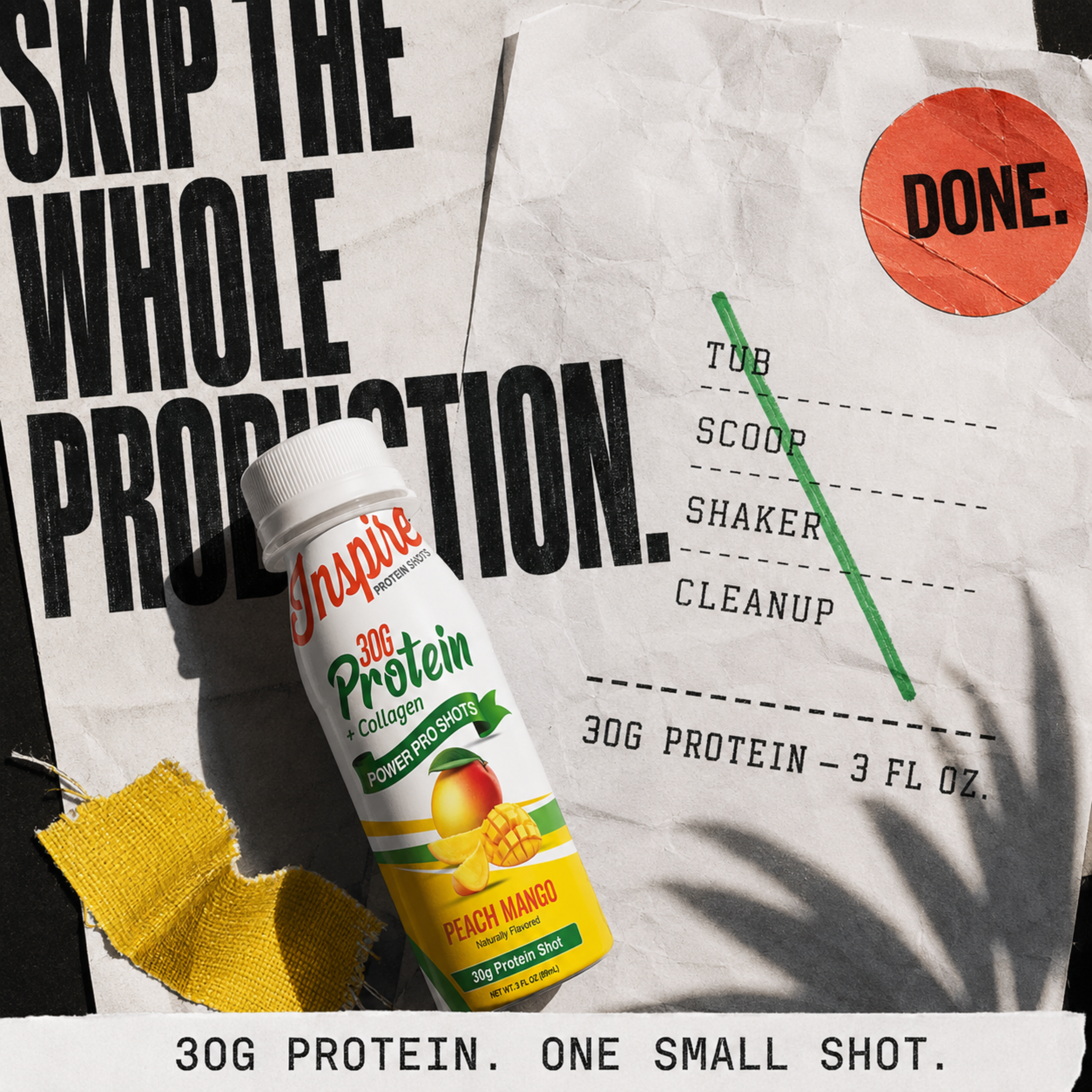 Inspire + Collagen Protein Shot with 30grams of protein in a 3-fluid-ounce bottle.