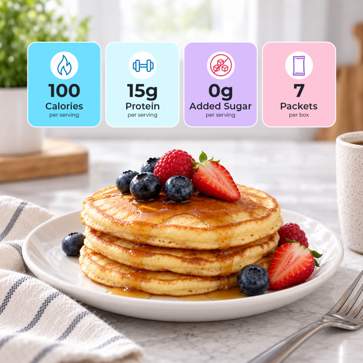 Inspire Old Fashioned Protein Pancake Mix. Each packet provides 15 grams of protein, 100 calories, 7 grams of carbohydrates and 1 gram of sugar.