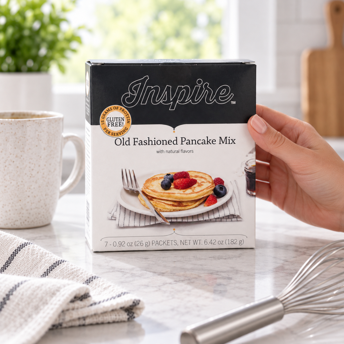 Inspire Old Fashioned Protein Pancake Mix. Each packet provides 15 grams of protein, 100 calories, 7 grams of carbohydrates and 1 gram of sugar.