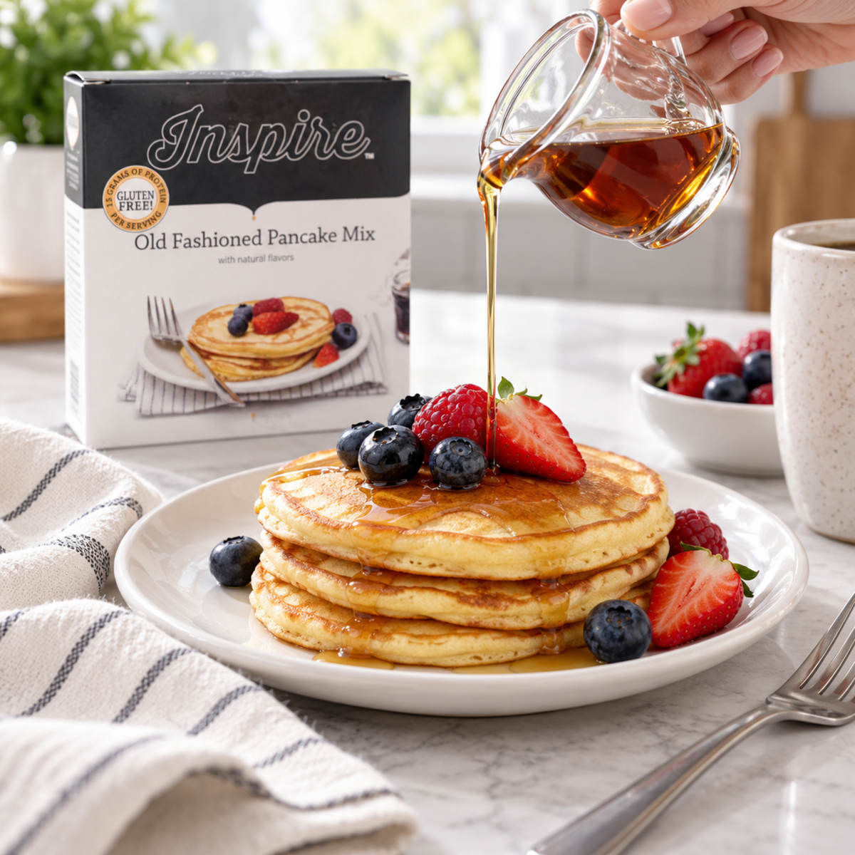 Inspire Old Fashioned Protein Pancake Mix. Each packet provides 15 grams of protein, 100 calories, 7 grams of carbohydrates and 1 gram of sugar.