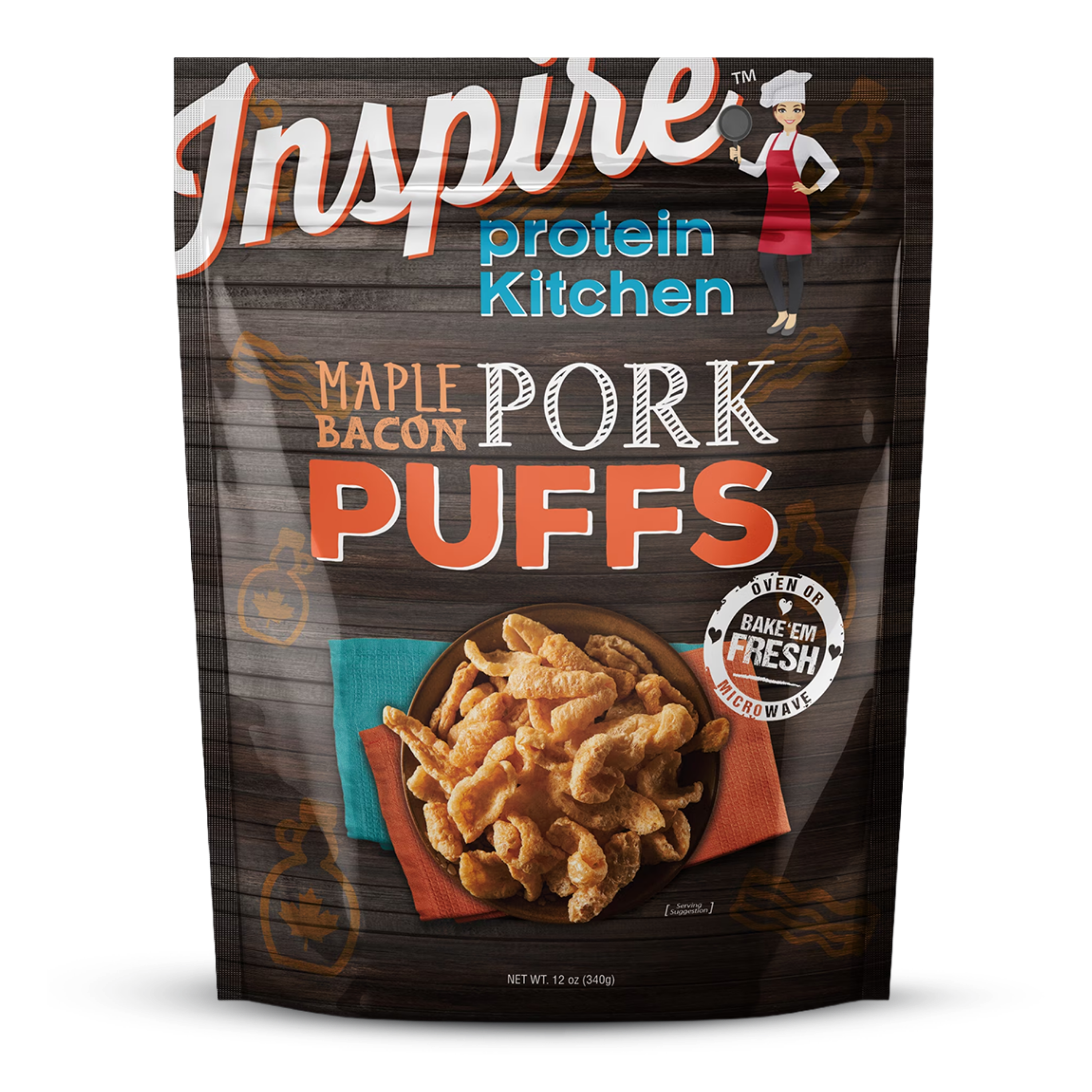 A bag of Inspire Protein Kitchen Maple Bacon Pork Puffs features a bowl of crispy pork puffs on a colorful plate, with a cartoon chef illustration and the product name prominently displayed.