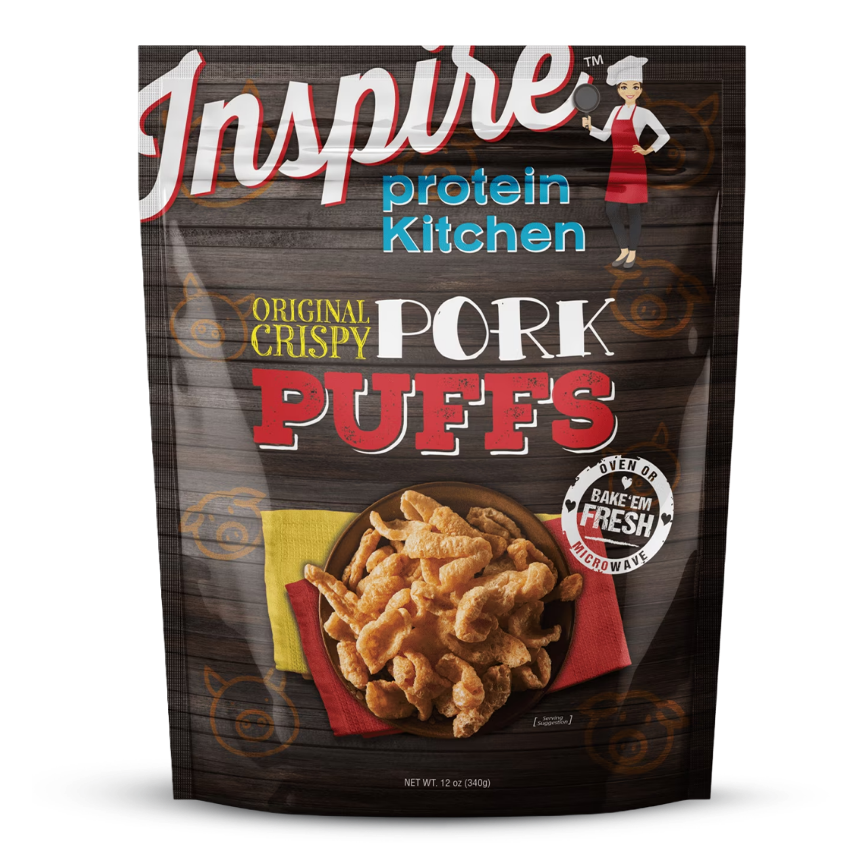 A bag of Inspire brand Original Crispy Pork Puffs displays a colorful design with a chef illustration, featuring the product name prominently and a serving of pork puffs on a plate.