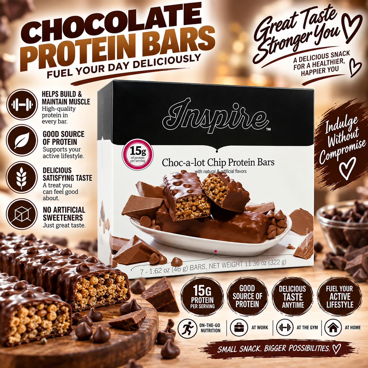 A box of Inspire Choc-a-lot Chip Protein Bars is displayed with one bar broken open, revealing its crunchy texture, surrounded by chocolate pieces and cocoa beans, emphasizing its protein content and delicious taste.