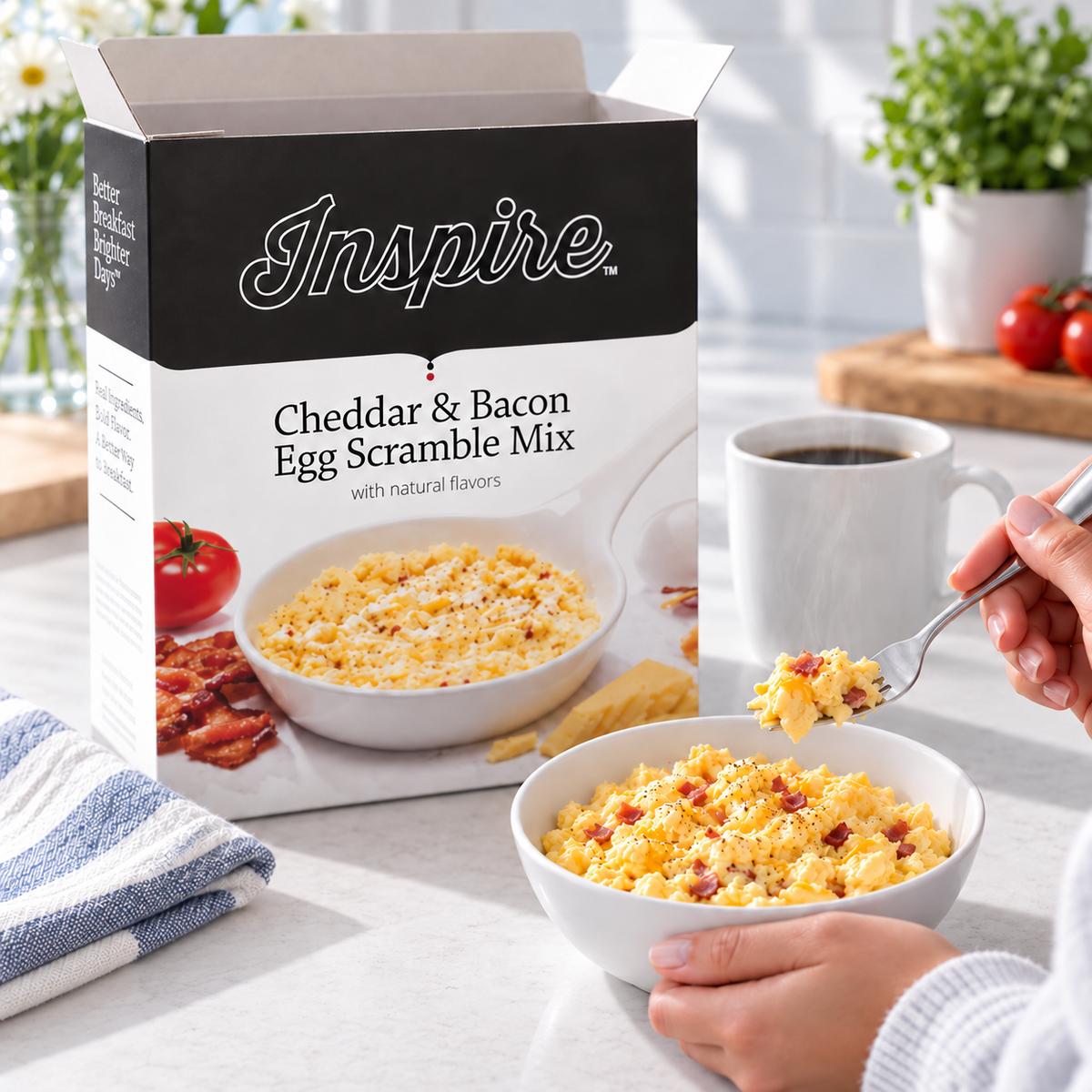 Inspire Cheddar & Bacon Egg Scramble Mix. Each packet has 90 calories, 14 grams of protein, 6 grams of carbs and 3 grams of fiber.