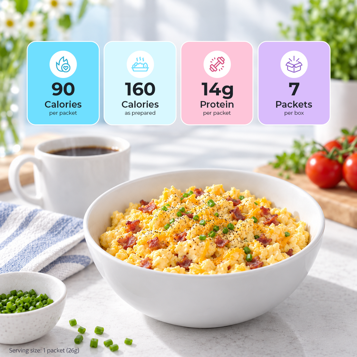 Inspire Egg Scramble Mix. Each packet has 90 calories, 14 grams of protein, 6 grams of carbs and 3 grams of fiber.