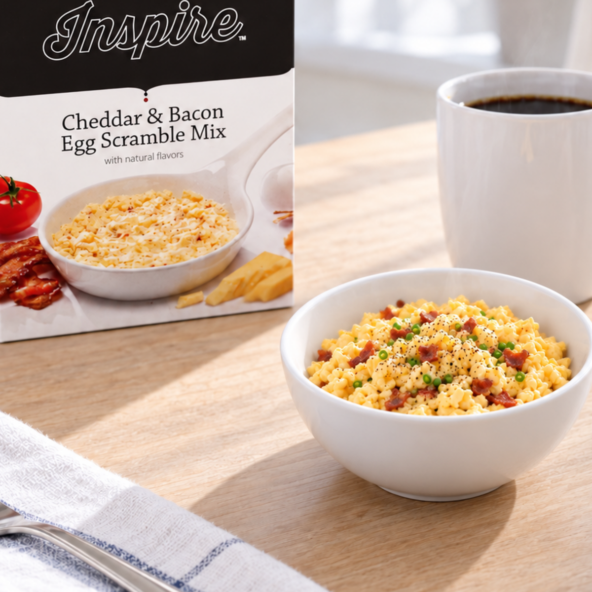 Inspire Cheddar & Bacon Egg Scramble Mix. Each packet has 90 calories, 14 grams of protein, 6 grams of carbs and 3 grams of fiber.
