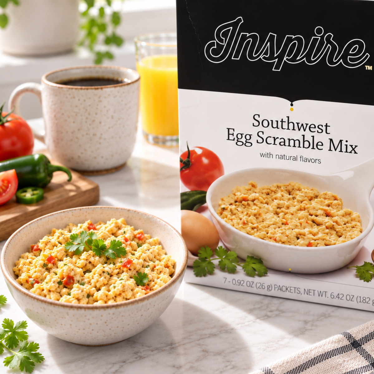 Inspire Southwest Egg Scramble Mix. Each packet has 90 calories, 14 grams of protein, 6 grams of carbs and 3 grams of fiber.