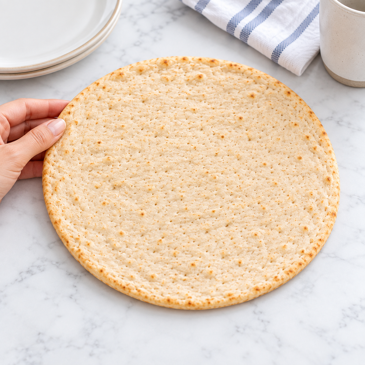 A hand holds a round, uncooked pizza crust on a marble countertop, with stacked white plates and a striped kitchen towel in the background.