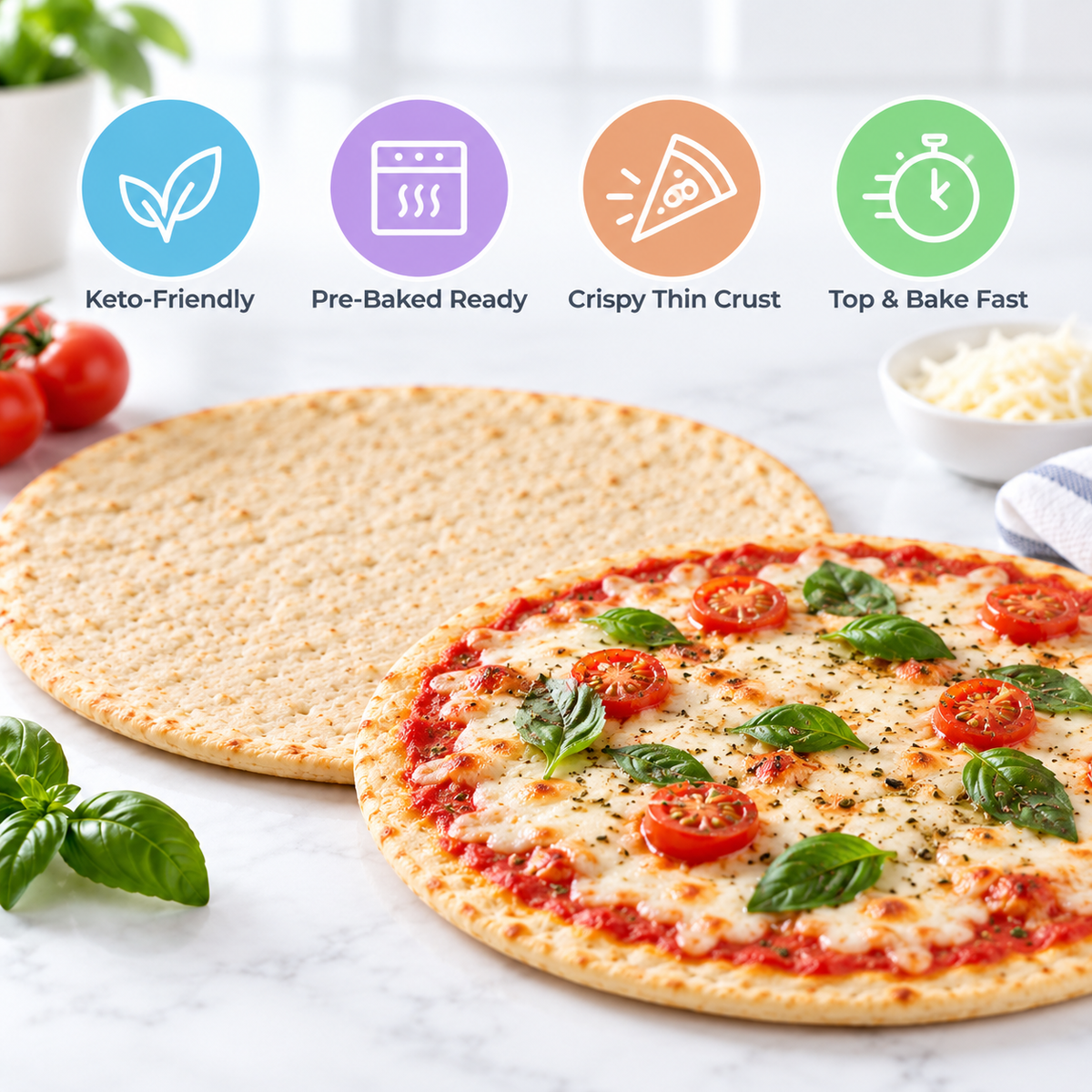A cartoon chef holds a pizza crust in a kitchen setting, with nutrition facts and ingredient details displayed on the packaging for Inspire Protein Kitchen's pizza crust.