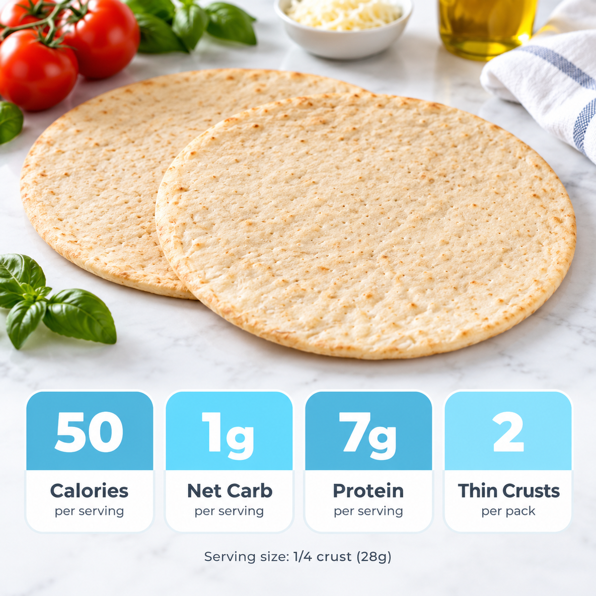 Inspire Artisan Thin Pizza Crust twin-pack packaging with Nutrition Facts, ingredients, preparation directions and storage instructions. Each quarter crust has 50 calories, 1 gram of net carbs and 7 grams of protein.