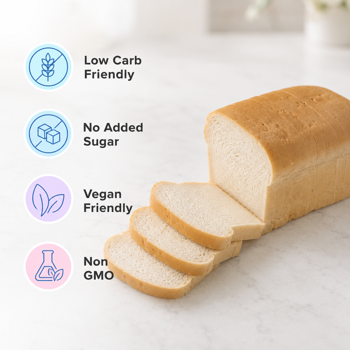 Inspire Protein Kitchen Plain Bread packaging with Nutrition Facts, ingredients and storage instructions. Each slice has 45 calories, 1 gram of net carbs and 6 grams of protein.