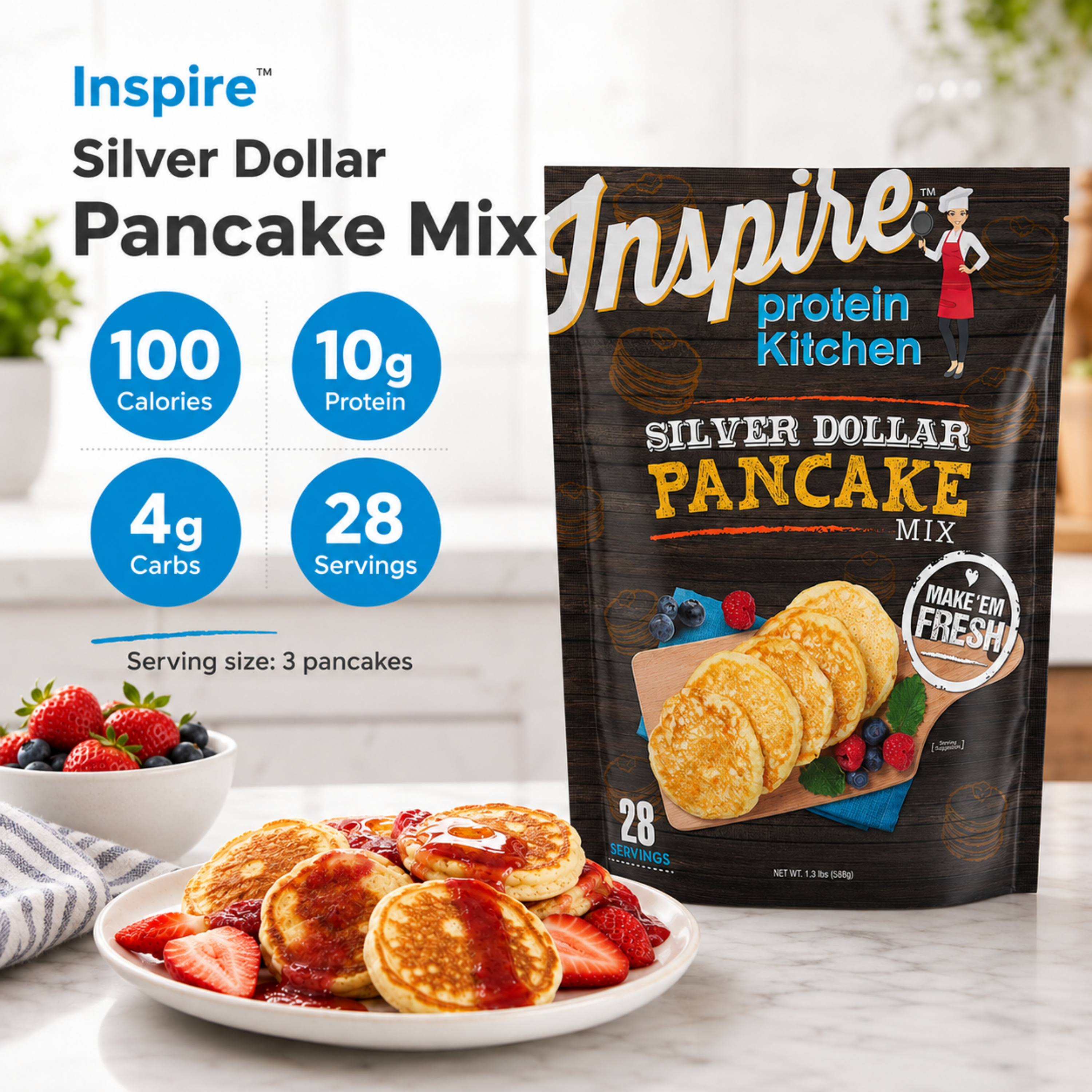 Light, buttery pancakes with 10 grams of protein and just 4 carbs.