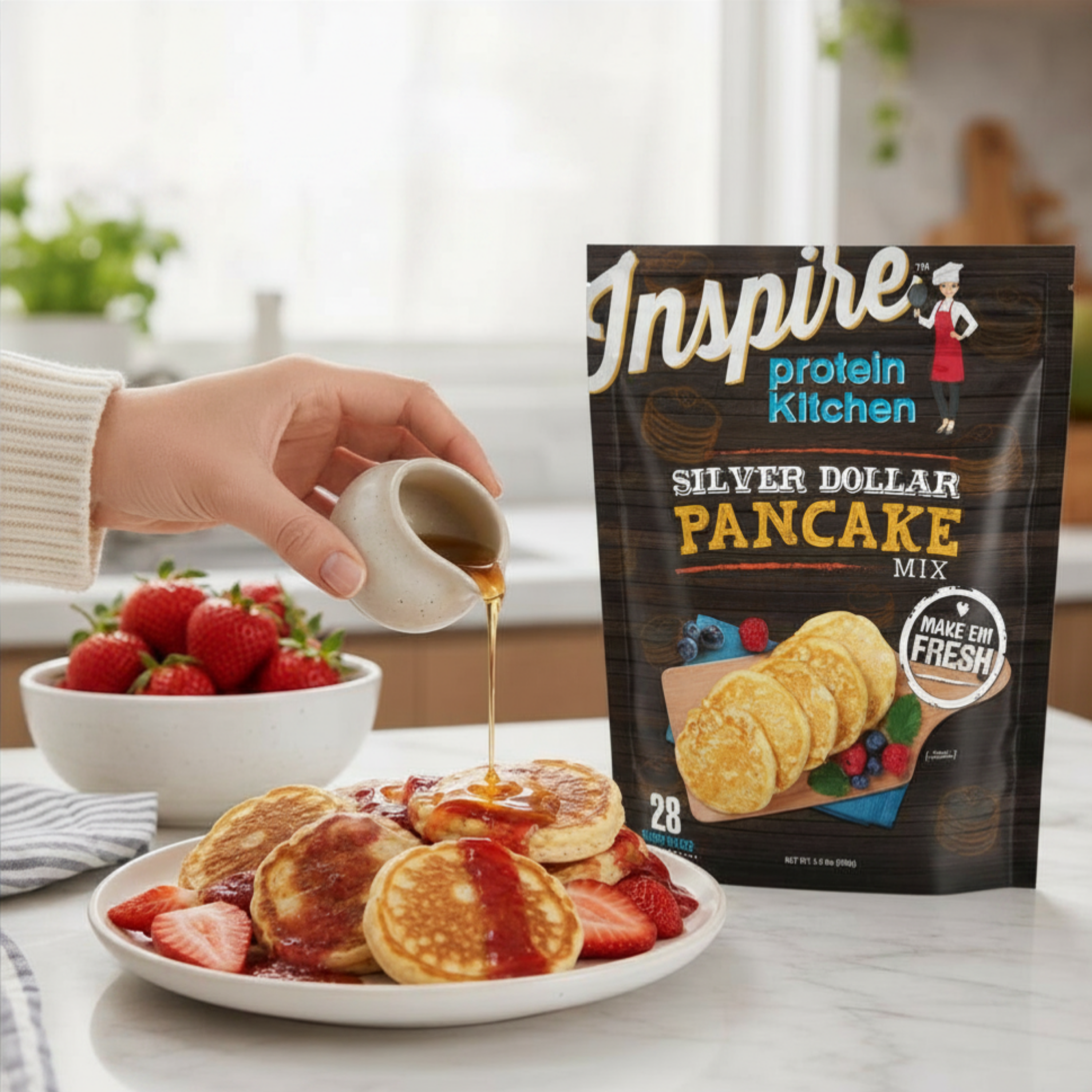 A person's hand pours syrup over a plate of pancakes with strawberries, with a bag of Inspire Protein Kitchen Silver Dollar Pancake Mix on counter.