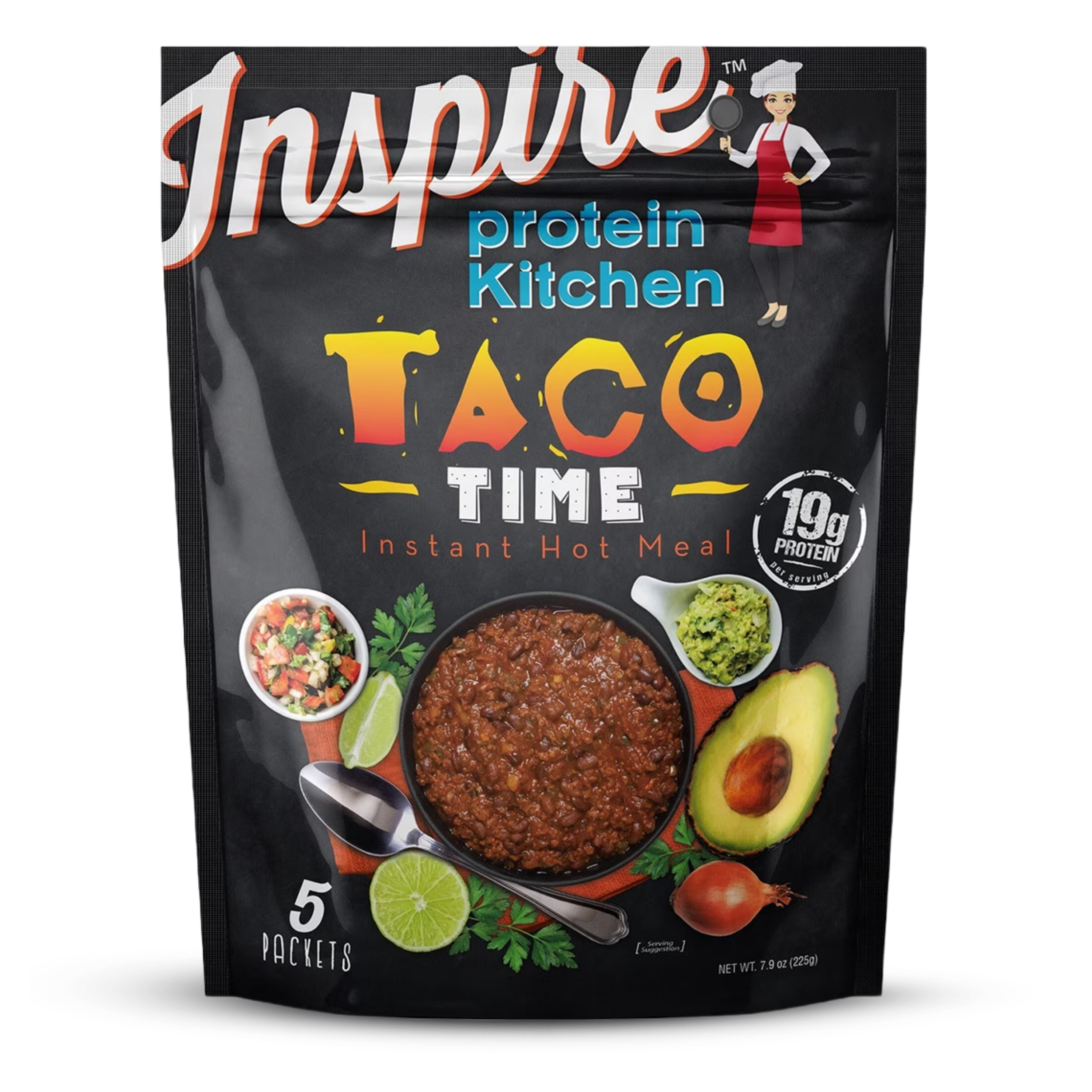 Inspire Taco Time Instant Hot Meal with 19 grams of protein per serving and five individual packets.