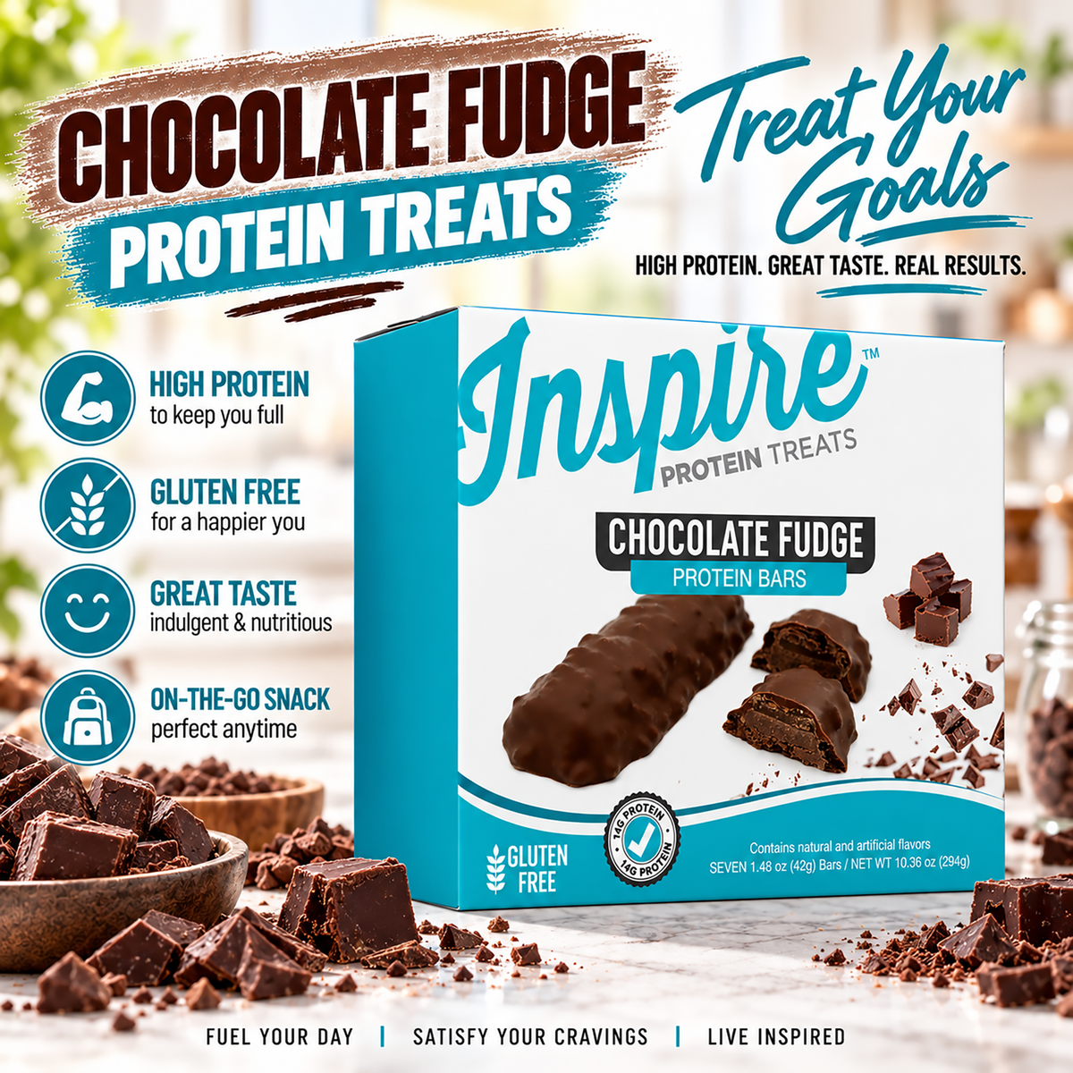 Inspire Chocolate Fudge Protein Bars box with chocolate pieces, highlighting high protein, gluten-free ingredients, great taste and convenient on-the-go snacking.