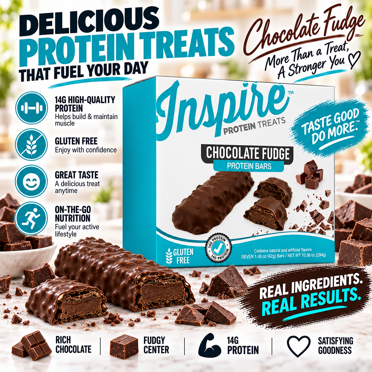 Inspire Chocolate Fudge Protein Bars with rich chocolate and fudgy centers, highlighting 14g protein, gluten-free ingredients and convenient on-the-go nutrition.