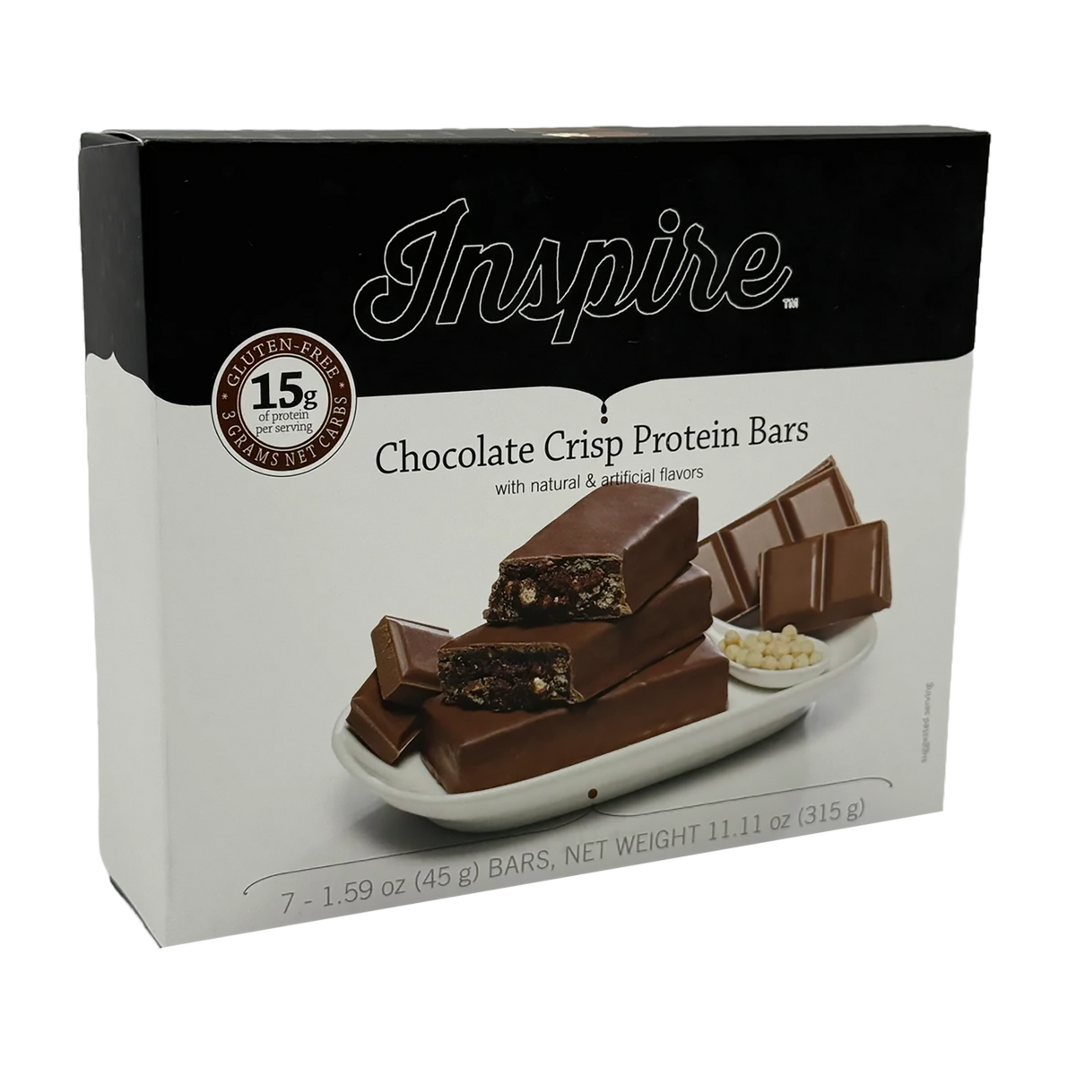 Inspire Low Carb Protein Fiber Bars – Chocolate Crisp box featuring chocolate-covered bars with a crunchy chocolate interior.