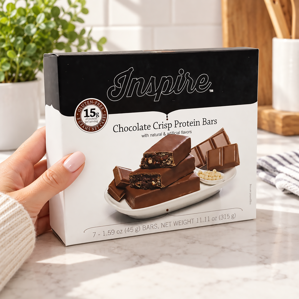 Inspire Chocolate Crisp Protein Bars with high protein, fiber, and a satisfying crunch for an easy on-the-go snack.